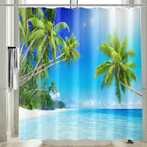 Vgzsyomqib Strand Meer Duschvorhang 180x200 Lang Anti Schimmel Wasserdicht für Badewanne Stoff Shower Curtains 3D Insel Grün Palmen Blau Ocean Motiv Duschvorhänge Waschbar Textil von Vgzsyomqib