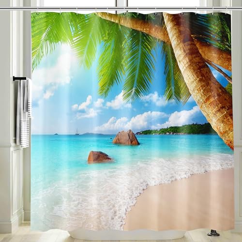 Vgzsyomqib Strand Türkis Meer Duschvorhang 200x200 Lang Anti Schimmel Wasserdicht für Badewanne Stoff Shower Curtains 3D Taupe Insel Grün Palmen Blau Ocean Motiv Duschvorhänge Waschbar Textil von Vgzsyomqib