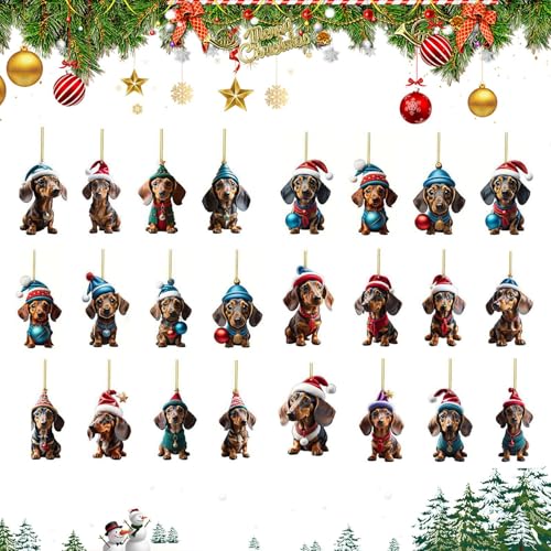 Vhjlfig Christmas Dachshund Ornament Calendar | 24 Teile 2D Acryl Weihnachtsanhänger - Deko Für Wohnzimmer Büro Wohnung Klassenzimmer von Vhjlfig
