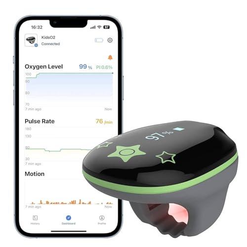 Kinder Pulsoximeter KidsO2 Ring, Tragbar Sauerstoffsättigung Messgerät Finger Kinder, Kontinuierliche Blutsauerstoff- und Pulsüberwachung bei 3-12-jährigen Kinder, Gratis Bluetooth App und PC Bericht von ViATOM