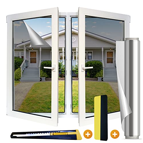 ViShawtek Fensterfolie Selbstklebend Sonnenschutz Spiegelfolie Wärmeisolierung Anti-UV Auto Klebefolie Sichtschutzfolie Blickdicht innen & außen Rückstandslose Büro Silber 44.5-400CM von ViShawtek