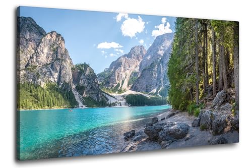 Via Artis Leinwandbild - 100x50 cm XXL Format - Premium Wandbilder für Wohnzimmer & Schlafzimmer - Berge Alpen See - Waldufer am Alpensee von Via Artis