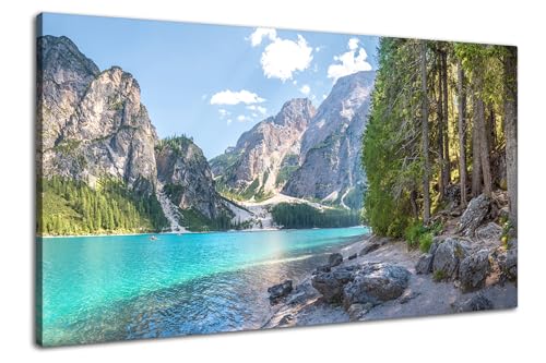 Via Artis Leinwandbild - 100x50 cm XXL Format - Premium Wandbilder für Wohnzimmer & Schlafzimmer - Berge Alpen See - Waldufer am Alpensee von Via Artis