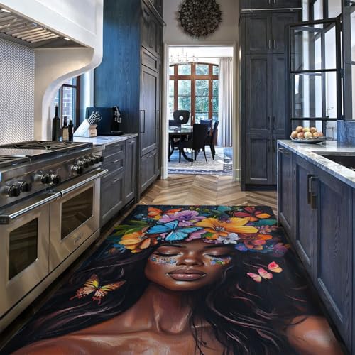 Ästhetisches Design Bereich Teppiche Elegante afrikanische Schwarze Frau und Bunte Schmetterlinge und Blumen Rutschfester flachfloriger dünner Teppich für die Veranda 120x180cm Ästhetisches Design Bereich Teppiche Elegante afrikanische Schwarze Frau und Bunte Schmetterlinge und Blumen Rutschfester flachfloriger dünner Teppich für die Veranda 120x180cm von Via Vela