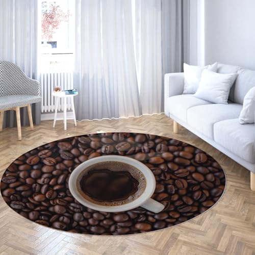 Brauner runder Teppich 80cm moderner Kaffeebohnenund Nachmittagstee-Druck Rutschfester waschbarer Teppich Bodenmatte für Wohnzimmer Schlafzimmer Veranda Schlafsaal von Via Vela