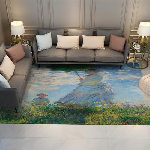 Claude Monet Großer Teppich für Schlafzimmer Wohnzimmer Küche, Frau mit Sonnenschirm, nach Links gerichtet Rutschfester niedriger Flor Veranda dünner Teppich 60x90cm von Via Vela