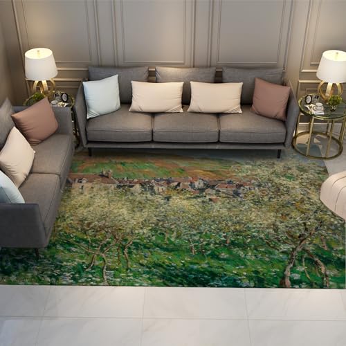 Claude Monet Teppich für Schlafzimmer Wohnzimmer Küche, Pflaumenbäume in Blüte bei Vetheuil Rutschfester waschbarer Kinderzimmerteppich mit niedrigem Flor 60x90cm von Via Vela