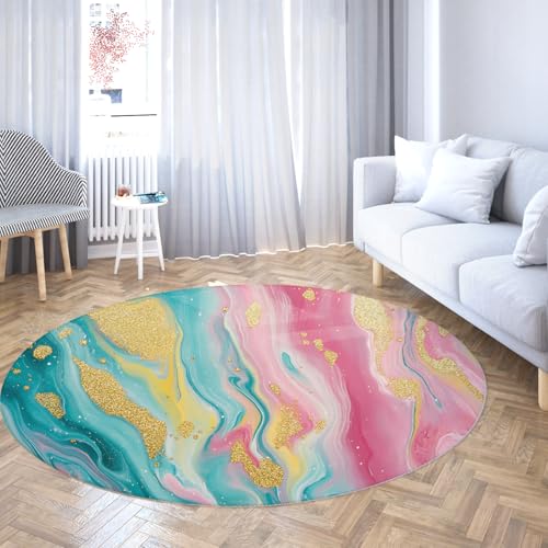 Colorful Style Runde Teppiche 200cm - Blau Rosa Gold Abstrakter Aquarell Spot Liquid Splash Flauschiger Rutschfester Teppich mit niedrigem Flor für Wohnungsdekoration von Via Vela