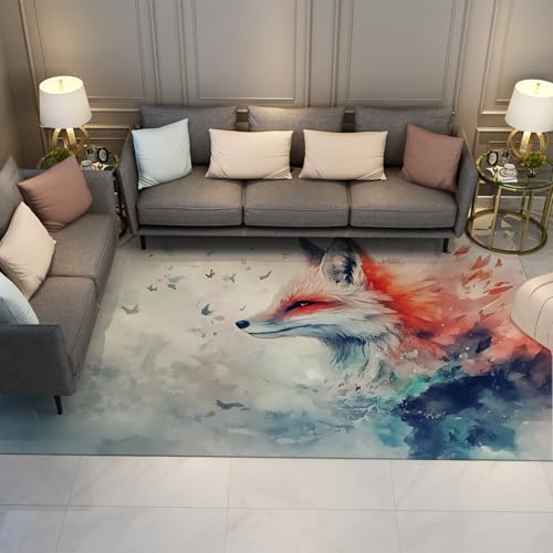 Dreamy Style Teppiche - Aquarell abstrakte Tinte Thema Schlauer Fuchs Muster waschbarer Rutschfester dünner Teppich mit niedrigem Flor für das Wohnzimmer 60x90cm von Via Vela