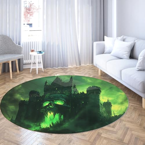 Grüner runder Teppich 80cm Gothic Horror Skull Castle Muster Rutschfester maschinenwaschbarer Bodenteppich für Wohnzimmer Schlafzimmer Veranda Schlafsaal von Via Vela