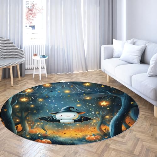 Halloween Night Round Teppich 80cm Niedliches Geistermuster Rutschfester maschinenwaschbarer Teppich Home Decor Bodenmatte für Wohnzimmer Schlafzimmer Veranda Schlafsaal von Via Vela