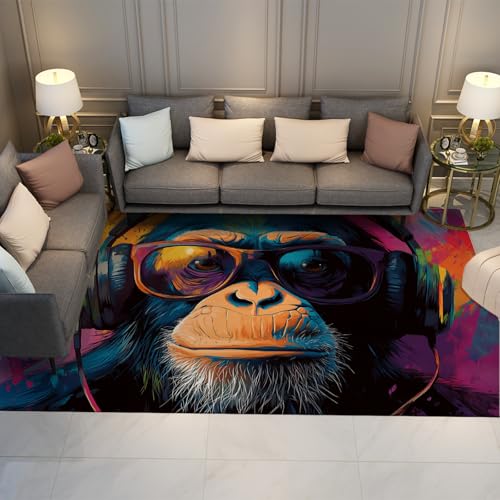 Maschinenwaschbare Teppiche im Hippie-Stil 180x300cm - Cartoon Tier AFFE mit Kopfhörern Muster Rutschfester dünner Teppich mit niedrigem Flor für die Veranda von Via Vela