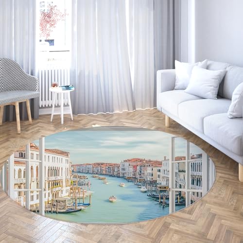 Moderner runder Teppich 180cm Wasserstadt außerhalb des Fensters Rutschfester maschinenwaschbarer Teppich Home Decor Bodenmatte für Wohnzimmer Schlafzimmer Veranda Schlafsaal von Via Vela