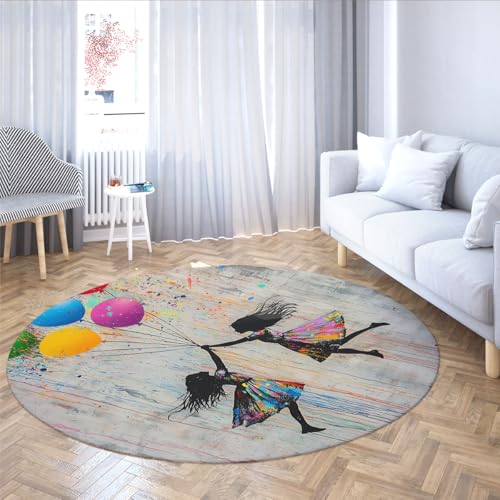 Pop Art Runder Teppich 100cm Fliegende Luftballons und Mädchen Muster Rutschfester maschinenwaschbarer Teppich Home Decor Bodenmatte für Wohnzimmer Veranda Schlafsaal Pop Art Runder Teppich 100cm Fliegende Luftballons und Mädchen Muster Rutschfester maschinenwaschbarer Teppich Home Decor Bodenmatte für Wohnzimmer Veranda Schlafsaal von Via Vela
