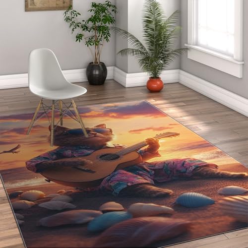 Pop Art Teppiche 180x300cm - süße Katze die am Strand Gitarre spielt mit Wellen und Muscheln Muster Rutschfester flachfloriger dünner Teppich für den Eingangsbereich von Via Vela