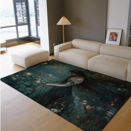 Romantischer Stil Große Teppiche 60x90cm - Schönes Mädchen in Vintage Rosa Lotus Teich Muster Rutschfester niedriger Flor Dünner Teppich für Wohnzimmer von Via Vela