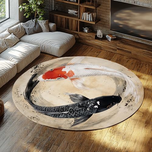 Runde Teppiche im Vintage-Stil 200cm Japanischer Yin Yang Koi Fischdruck Waschbarer Rutschfester Backing-Low-Pile-Wurf-Kreisteppich für das Gästezimmer von Via Vela
