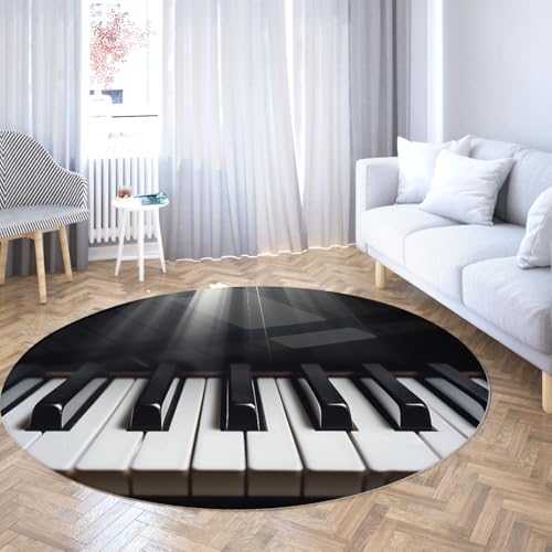 Runder Teppich im Schwarz-Weiß-Stil 200cm Klaviertastenmuster Rutschfester maschinenwaschbarer Home Decor Bodenteppich für Wohnzimmer Schlafzimmer Veranda Schlafsaal von Via Vela
