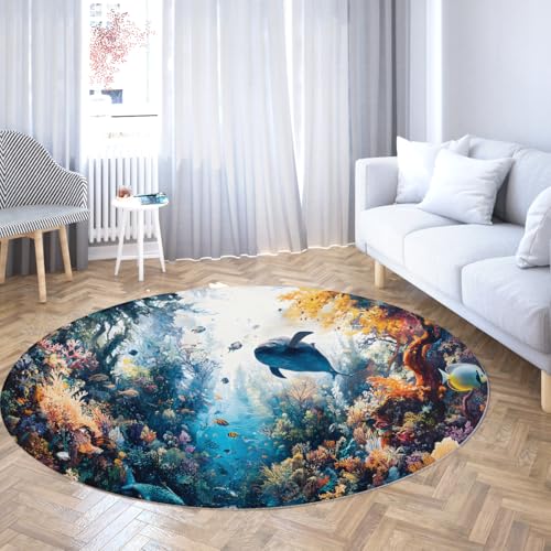 Runder Teppich im modernen Stil 80cm Ozean Koralle Fisch Landschaftsdruck Rutschfester maschinenwaschbarer Bodenteppich für Wohnzimmer Schlafzimmer Veranda Schlafsaal Dekor von Via Vela