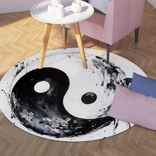 Schwarz-weißer runder Teppich 80cm Tinte Tai Chi Bagua Yin Yang Muster Rutschfester niedrigfloriger Bodenteppich für den Innenbereich Konferenzraum von Via Vela