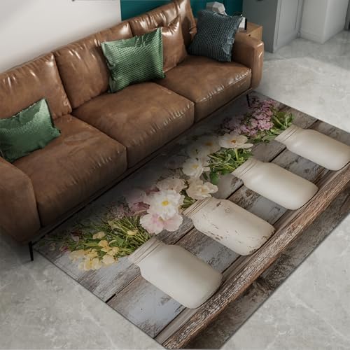 Teppiche im amerikanischen Landhausstil 80x150cm - Stillleben mit bunten Blumen im weißen Glas Waschbarer Rutschfester dünner Teppich mit niedrigem Flor für die Veranda von Via Vela
