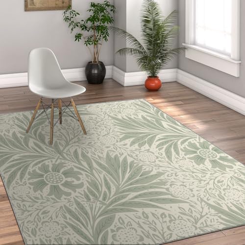 Via Vela 60x90cm Teppiche für Wohnzimmer Schlafzimmer Niedriger Flor Indoor Waschbar Salbeigrün Blumendruck Rutschfester Bodenteppich für Jungen Mädchen von Via Vela
