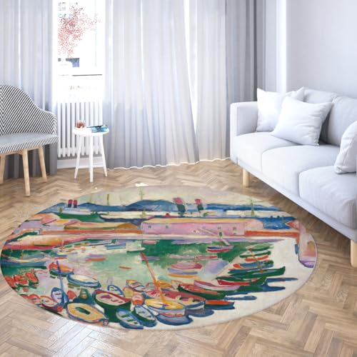 Via Vela Abstrakter Stil großer runder Teppich 180cm Segelboote im Hafen von La Ciotat Rutschfester waschbarer Wurfkreisteppich für Mudroom Apartment von Via Vela