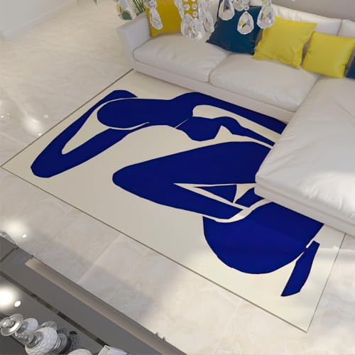 Via Vela Abstrakter Teppich in Blau und Weiß moderner Kleiner Eingangsbereich Fußmatte rutschfest waschbar Bodenteppich für Küche und Badezimmer 100x150 cm von Via Vela