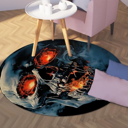 Via Vela Abwaschbarer runder Teppich im Horror-Stil 80cm Halloween Burning Skull Muster Rutschfester niedrigfloriger Bodenteppich für den Konferenzraum im Schlafzimmer von Via Vela
