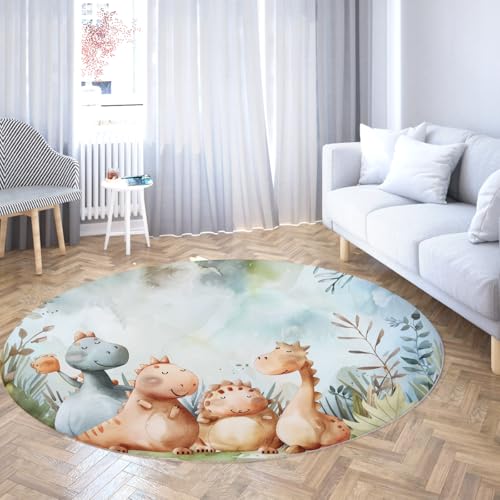 Via Vela Aquarellstil Rutschfester runder Teppich 100cm Cartoon niedliches Dinosauriermuster waschbarer niedrigfloriger Leichter runder Teppich für das Kinderzimmer von Via Vela