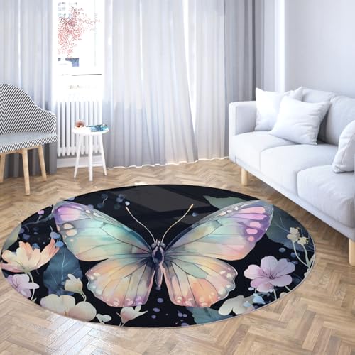 Via Vela Aquarellstil Rutschfester runder Teppich 80cm Fantasie Schmetterlingsmuster waschbarer flachfloriger Leichter runder Teppich für Wohnzimmer Schlafzimmer von Via Vela