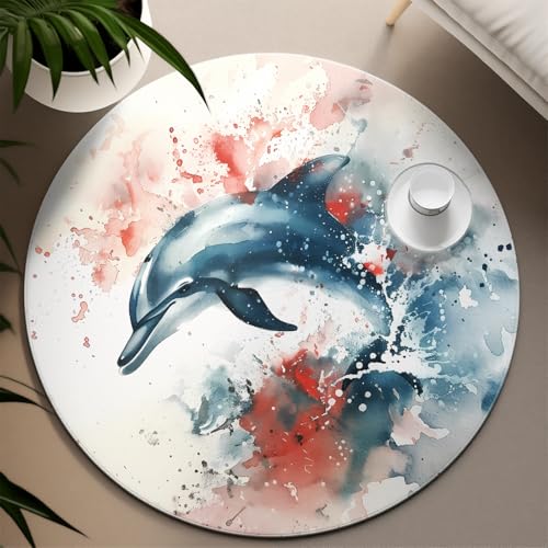 Via Vela Aquarellstil waschbarer runder Teppich 80cm Dreamy Ocean Dolphin Print Rutschfester dünner bodenniedriger Teppich für den Innenbereich Esszimmer von Via Vela