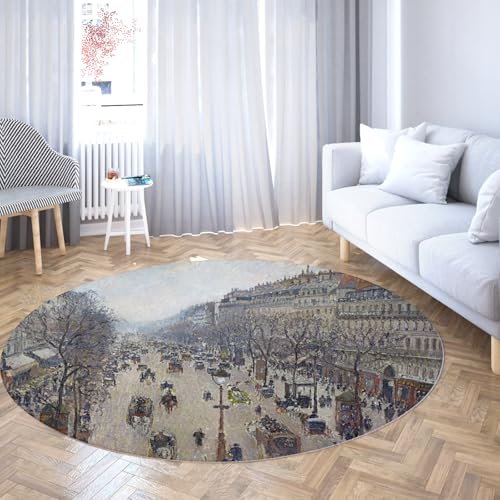 Via Vela Berühmte runde Teppiche im Malstil 180cm Boulevard Montmartre Morgen bewölktes Wetter Kreis Teppichboden rutschfest für Waschküche Esszimmer von Via Vela