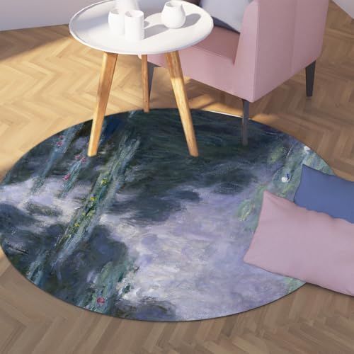 Via Vela Berühmter runder Teppich im Malstil 100cm Seerosenmuster waschbarer niedriger Flor Rutschfester dünner Kreisteppich für Schrank Badezimmer Flur Spielzimmer von Via Vela