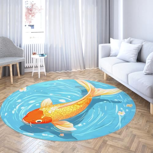 Via Vela Blaue runde Teppiche 120cm Abstrakter Teich mit goldenem Glück Koi Fisch Rutschfester waschbarer weicher runder Teppich mit niedrigem Flor für den Inneneingang von Via Vela