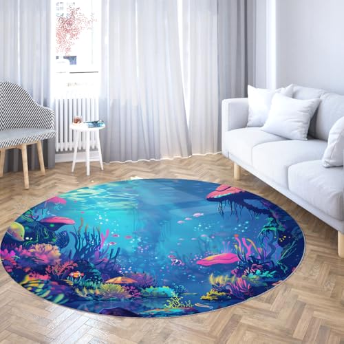 Via Vela Blaue runde Teppiche 120cm Cartoon Unterwasser Korallen Fisch Szenerie Abwaschbarer Rutschfester Rücken mit niedrigem Florwurf Kreis Teppich für das Bett des Gästezimmers Via Vela Blaue runde Teppiche 120cm Cartoon Unterwasser Korallen Fisch Szenerie Abwaschbarer Rutschfester Rücken mit niedrigem Florwurf Kreis Teppich für das Bett des Gästezimmers von Via Vela