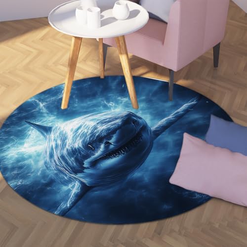 Via Vela Blauer Rutschfester runder Teppich 80cm Ocean White Shark Print Weicher waschbarer niedrigfloriger Leichter runder Teppich für Wohnzimmer Schlafzimmer Haustür von Via Vela