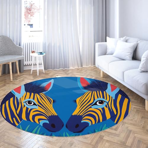 Via Vela Blauer maschinenwaschbarer runder Teppich 160cm Abstrakter süßer Rutschfester Zebra-Print-Bodenteppich mit niedrigem Flor für den Innenbereich von Via Vela