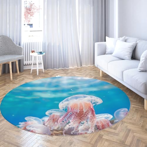 Via Vela Blaues Meer Runder Teppich 160cm Schönes Quallenmuster Rutschfester Innenbereich Waschbarer großer Wurf Kreis Teppich für Mudroom Wohnung Zuhause Kinderzimmer von Via Vela