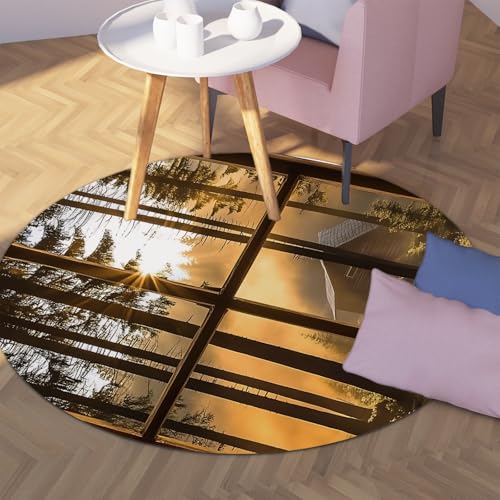 Via Vela Blick aus dem Fenster Runder Teppich 120cm Waldlandschaft am frühen Morgen Rutschfester waschbarer Kreisteppich für den Innenbereich Wohnung von Via Vela
