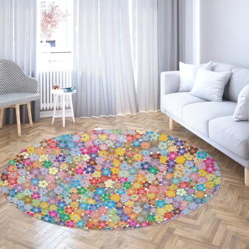 Via Vela Boho Style Großer runder Teppich 80cm Buntes Cartoon Blumenmuster Rutschfester Indoor Waschbarer Throw Circle Teppich für Mudroom Apartment Home von Via Vela