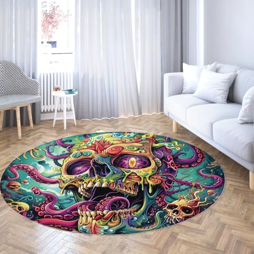 Via Vela Bunte runde Teppiche 100cm Horror Abstrakter Totenkopf Oktopus Muster Waschbarer Rutschfester Rückenlehnen-niedrigfloriger Kreisteppich für Esszimmer Gästezimmer von Via Vela