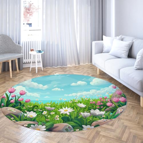 Via Vela Cartoon Anime Stil Waschbarer runder Teppich 180cm Bunte Wildblumen und Meereslandschaft Rutschfester Innenbereich mit niedrigem Flor Dünner Teppich für das Esszimmer von Via Vela