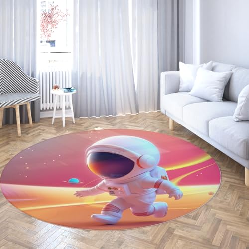 Via Vela Cartoon Thema Rutschfester runder Teppich 80cm süßer Astronaut auf dem Universum Planet niedrigfloriger Leichter runder Teppich für das Kinderzimmer von Via Vela