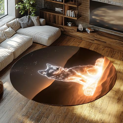 Via Vela Desert Scenery Runder Teppich 150cm Mysteriöser Nachthimmel und Wolf Waschbarer Rutschfester dünner Kreis Mattenteppich mit niedrigem Flor für Schrank Home Flur von Via Vela