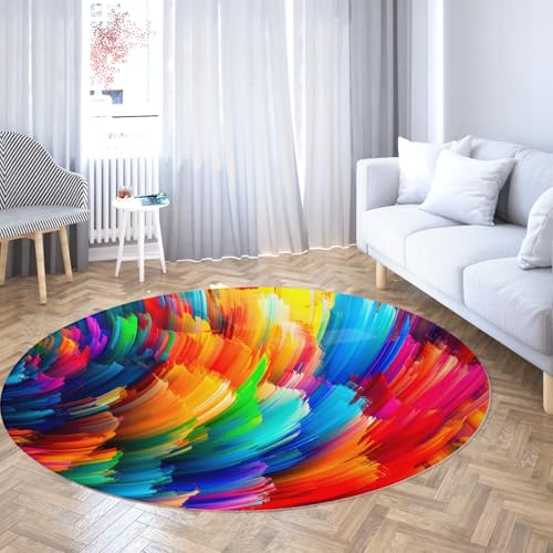 Via Vela Dream waschbarer Rutschfester runder Teppich 160cm Regenbogenfarbe Abstrakter Pinselstrich Linie Textur Druck Kreis Teppich für Arbeitszimmer Esszimmer von Via Vela
