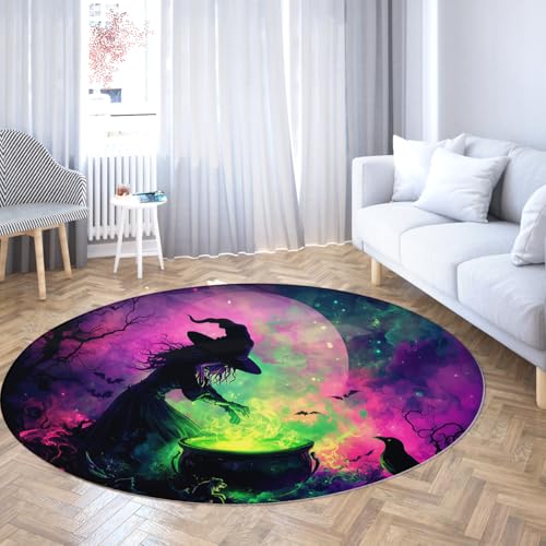 Via Vela Dreamy Style Runde Teppiche 200cm Horror Night Hexe und Kessel Muster Waschbarer Rutschfester Backing Low-Flor Throw Circle Teppich für Esszimmer von Via Vela