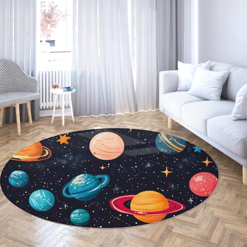 Via Vela Dunkler waschbarer runder Teppich 200cm Outer Space Planet Pattern Wohnzimmer Rutschfester Innenboden mit niedrigem Flor und dünnem Teppich für den Eingangsbereich Esszimmer von Via Vela