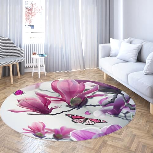 Via Vela Elegantes Design Rutschfester runder Teppich 160cm schöne Magnolienblüten Schmetterlinge waschbarer niedrigfloriger Leichter runder Teppich für das Wohnzimmer von Via Vela