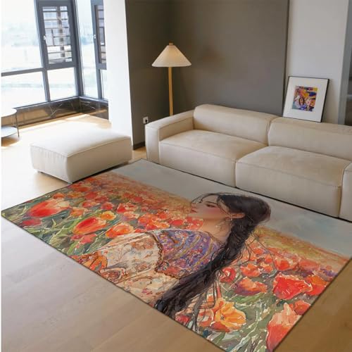 Via Vela Fantasievoller Stil Waschbare Teppiche 180x300cm - Retro Mädchen und Orange Tulpe Feld Muster rutschfeste Rückseite Niederflor Dünner Teppich für Wohnung von Via Vela